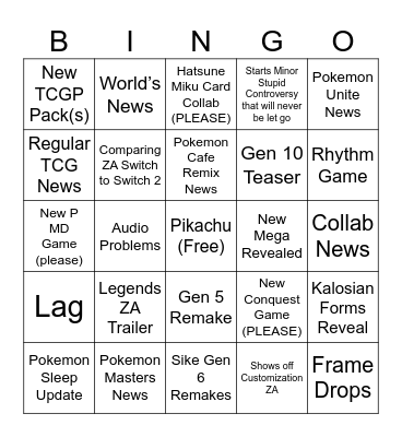 Pokemon Direct Bingo Card