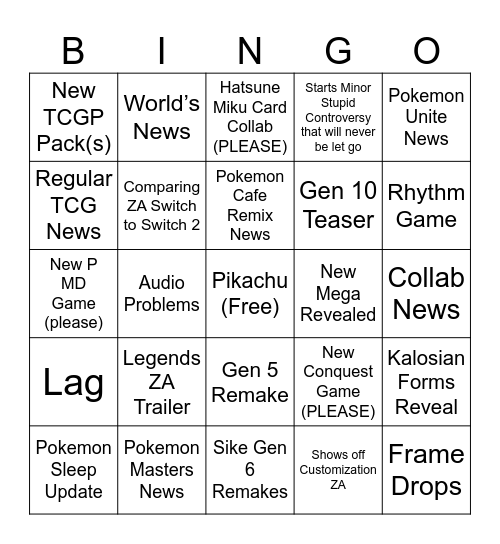 Pokemon Direct Bingo Card