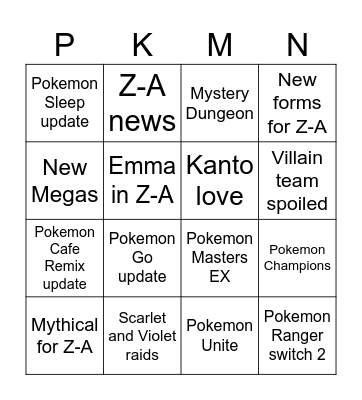 Pokemon Direct Bingo Card