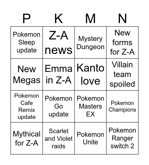 Pokemon Direct Bingo Card