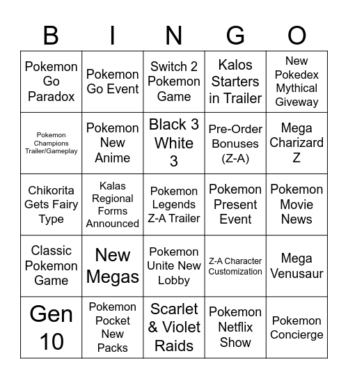 Pokemon Presents 2025 Bingo Card