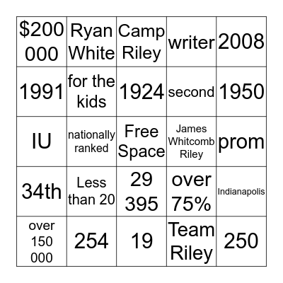 Riley Hospital Bingo Card