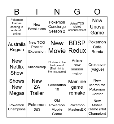 Pokemon Presents Bingo Card