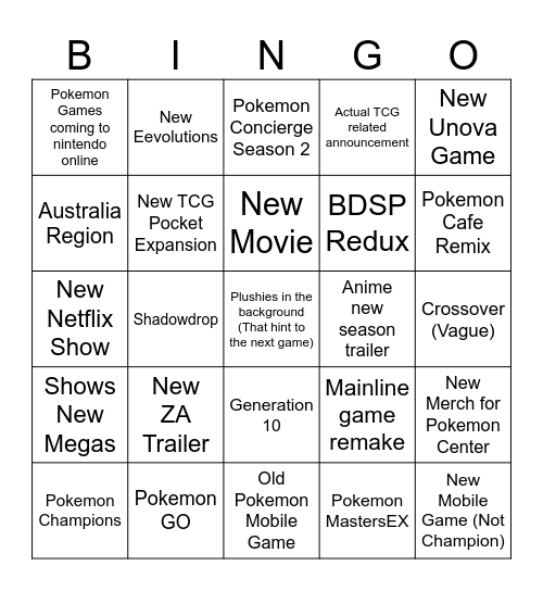 Pokemon Presents Bingo Card