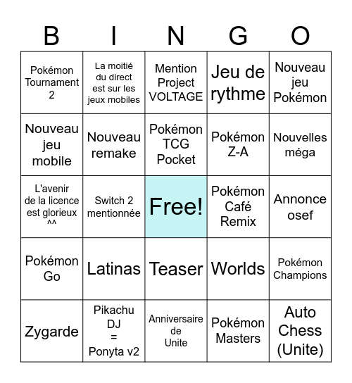 Pokémon Presents Juillet 2025 Bingo Card