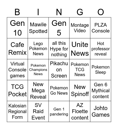 Pokemon Presents Bingo Card