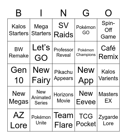 Pokémon Presents Bingo Card