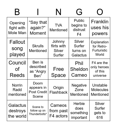 Fantastic Four Bingo Card