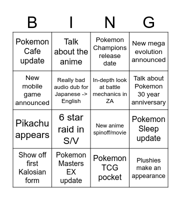Pokemon Presents July Bingo Card
