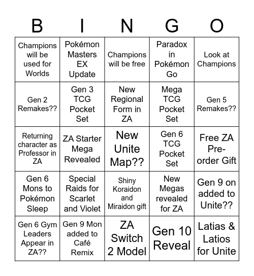 Pokémon Presents Prediction ( PPP ) Bingo Card