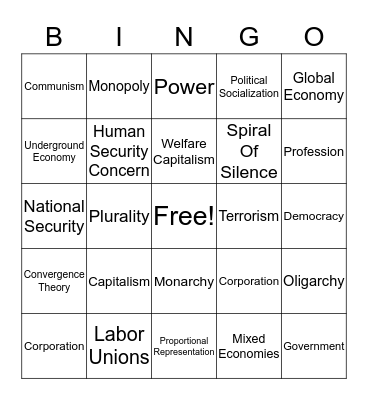 Chapter 16: Government & Economy Bingo Card