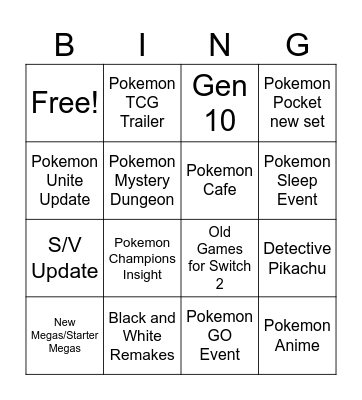 Pokemon Presents Bingo Card