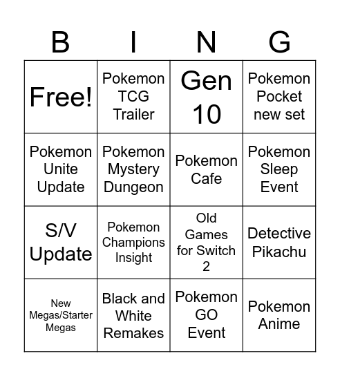 Pokemon Presents Bingo Card