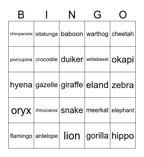 African animals Bingo Card