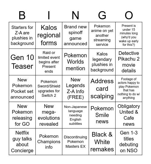 Brare's Pokemon Presents Bingo Card