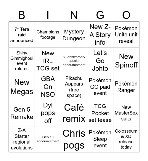 Pokémon Presents 22/7/25 Bingo Card
