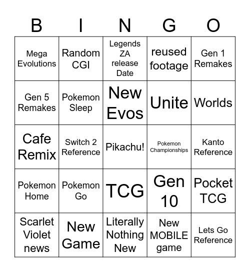 Pokemon Direct Bingo Card