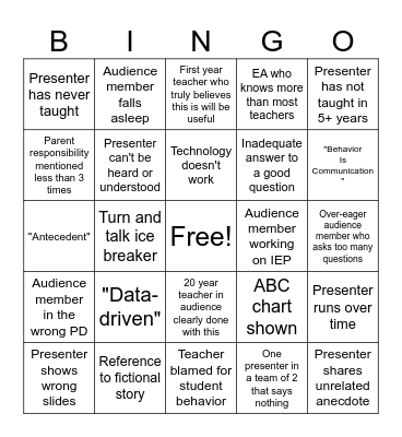 SPED PD Bingo Card
