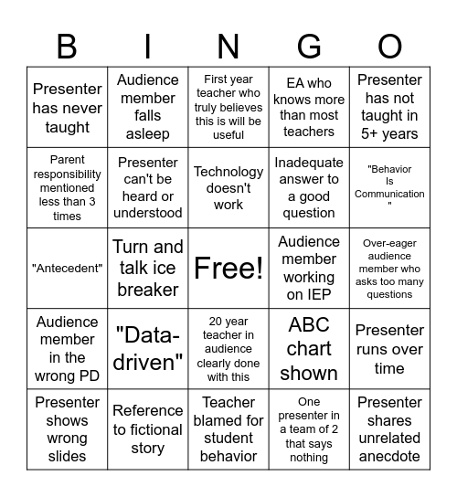 SPED PD Bingo Card
