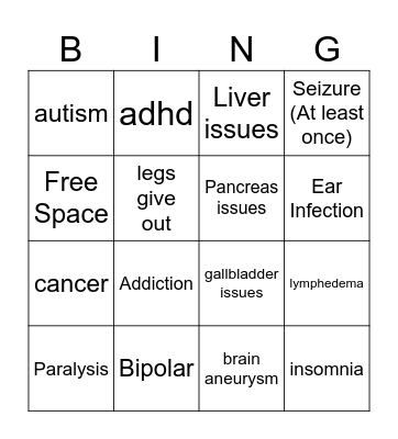 Health Condition Bingo Card