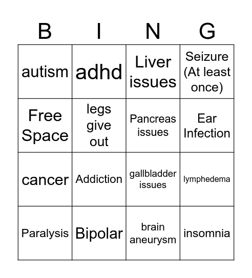 Health Condition Bingo Card