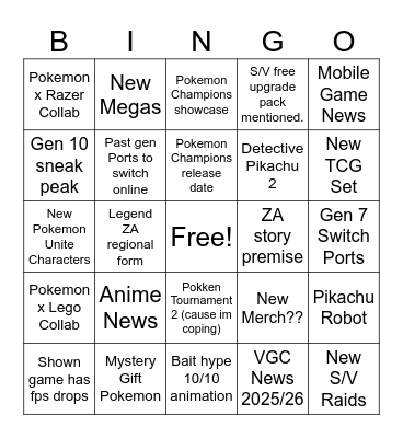 Pokemon Presents Bingo Card