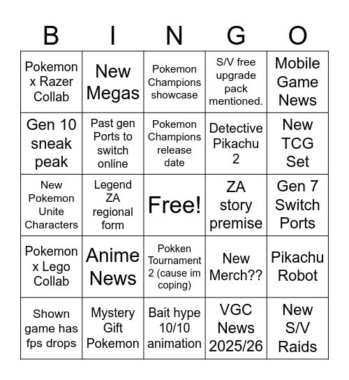 Pokemon Presents Bingo Card