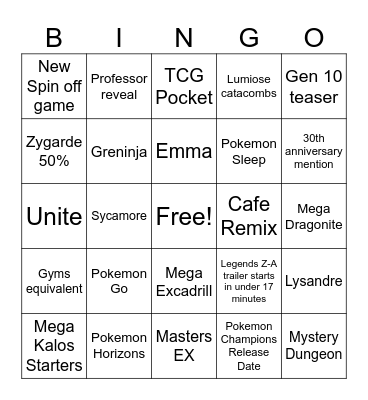 Pokemon Presents July Bingo Card