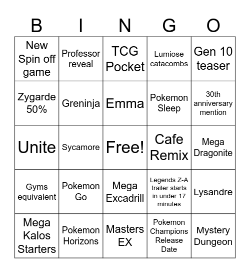 Pokemon Presents July Bingo Card