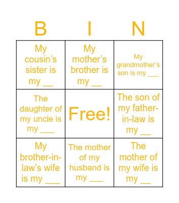 Family Members Bingo Card