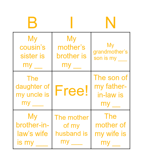 Family Members Bingo Card