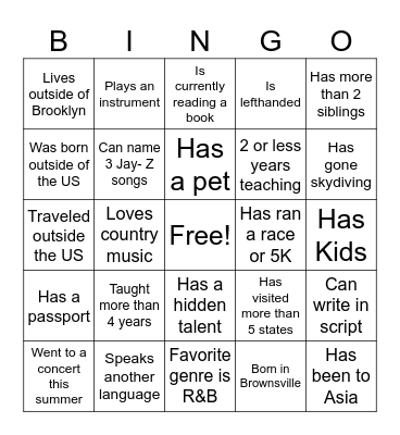Get to Know you Bingo Card