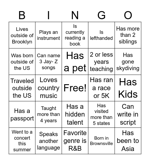 Get to Know you Bingo Card