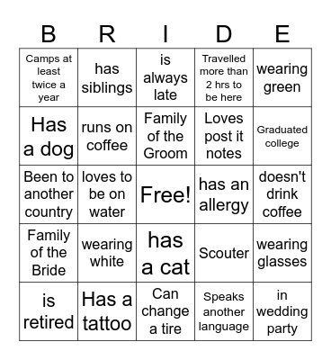Bridal Shower Bingo Card