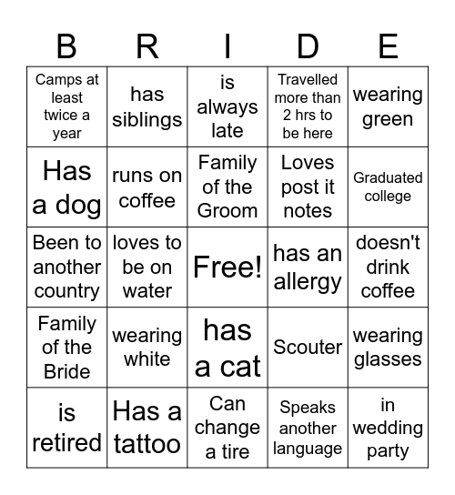 Bridal Shower Bingo Card