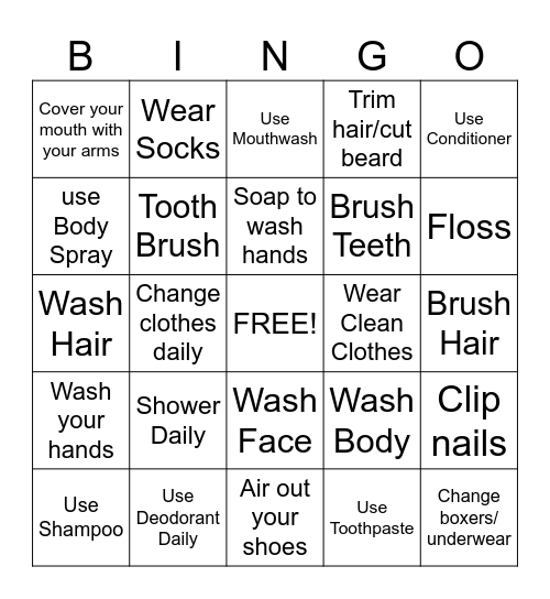 Hygiene Bingo Card
