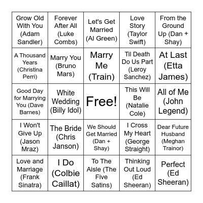Erika's Bridal Music Bingo Card