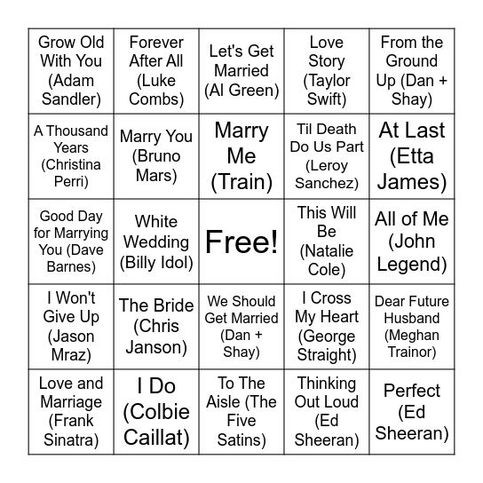 Erika's Bridal Music Bingo Card