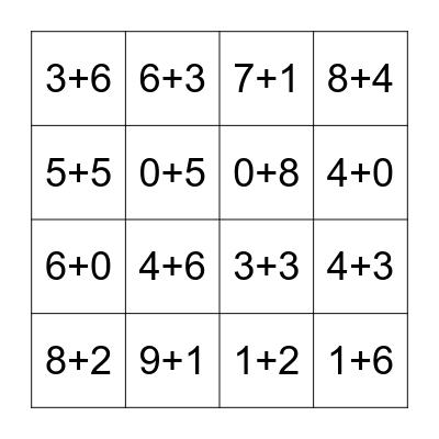 Simple addition to 10 Bingo Card