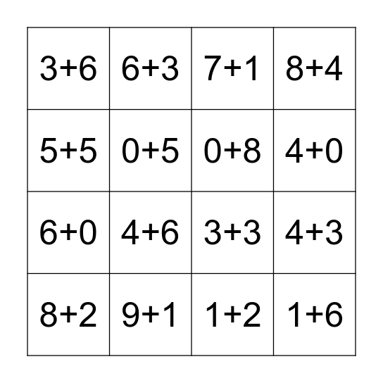 Simple addition to 10 Bingo Card