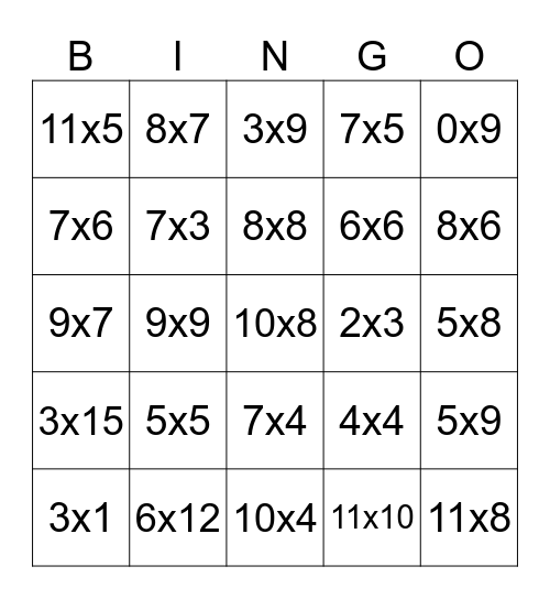 Multiplication Bingo Card