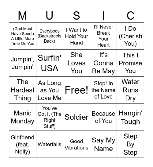 Boy Bands Vs Girl Groups Bingo Card