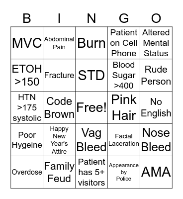 ER New Year's Eve Bingo Card
