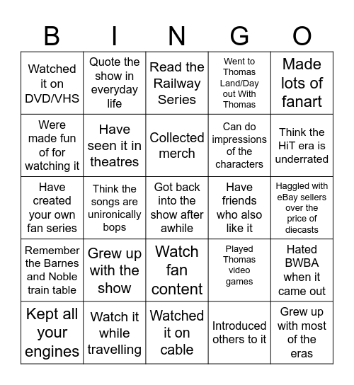 Thomas fan bingo Card