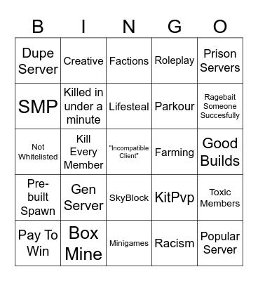 minecraft bingo Card