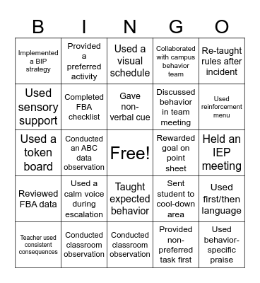 Behavior Bingo Card