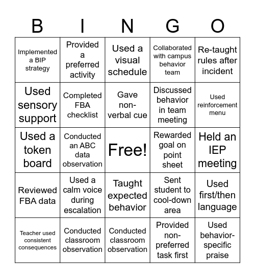Behavior Bingo Card