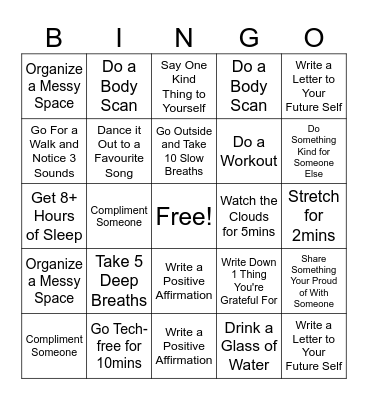 Stress Management Positivity Bingo Card