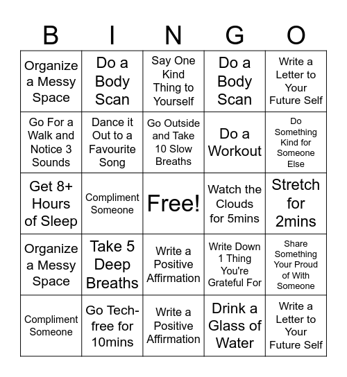 Stress Management Positivity Bingo Card