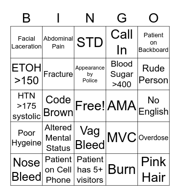 ER New Year's Eve Bingo Card